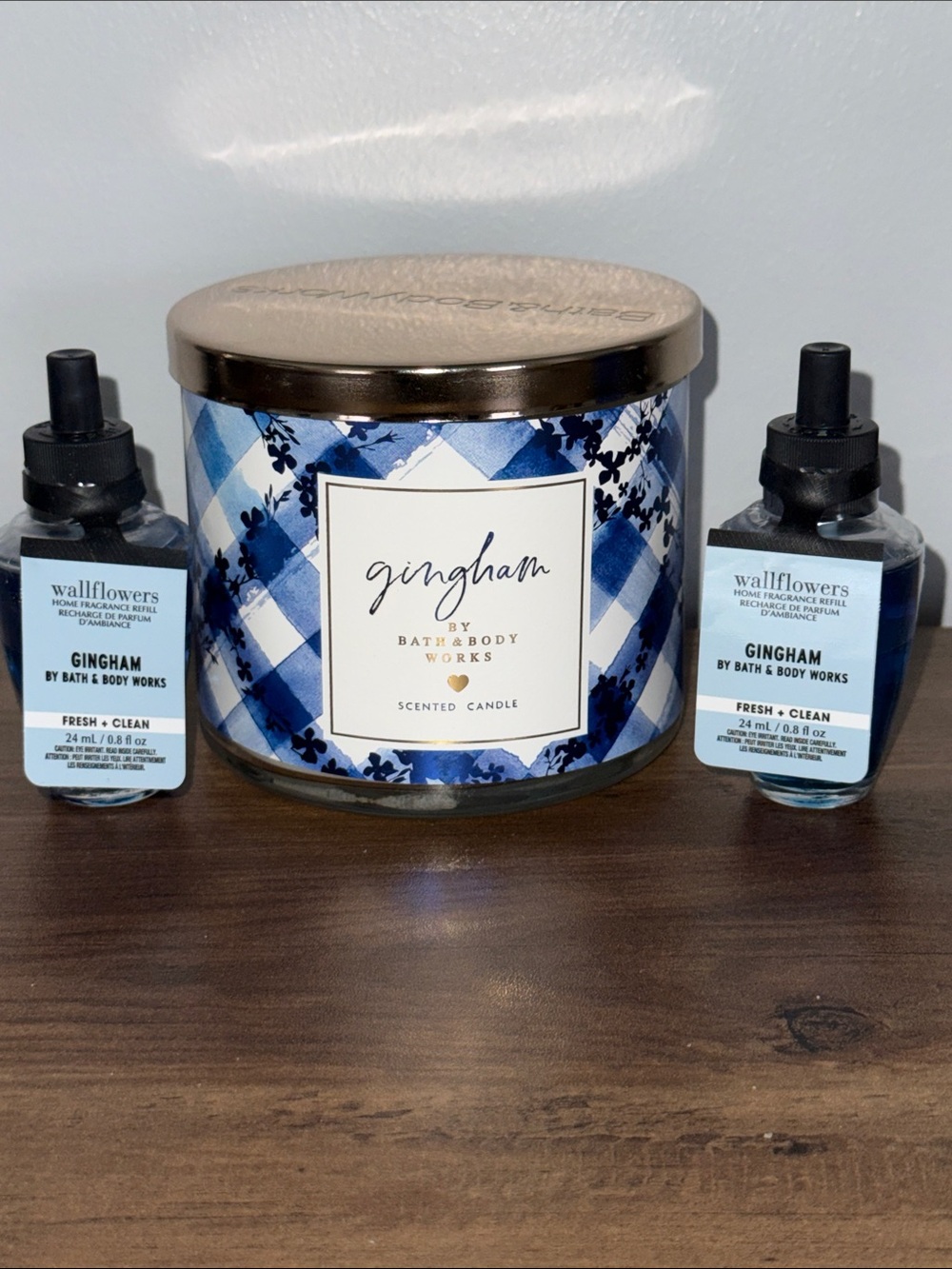 Bath & Body Works Gingham 3-Wick Candle + 2 Wallflower Refills NEW